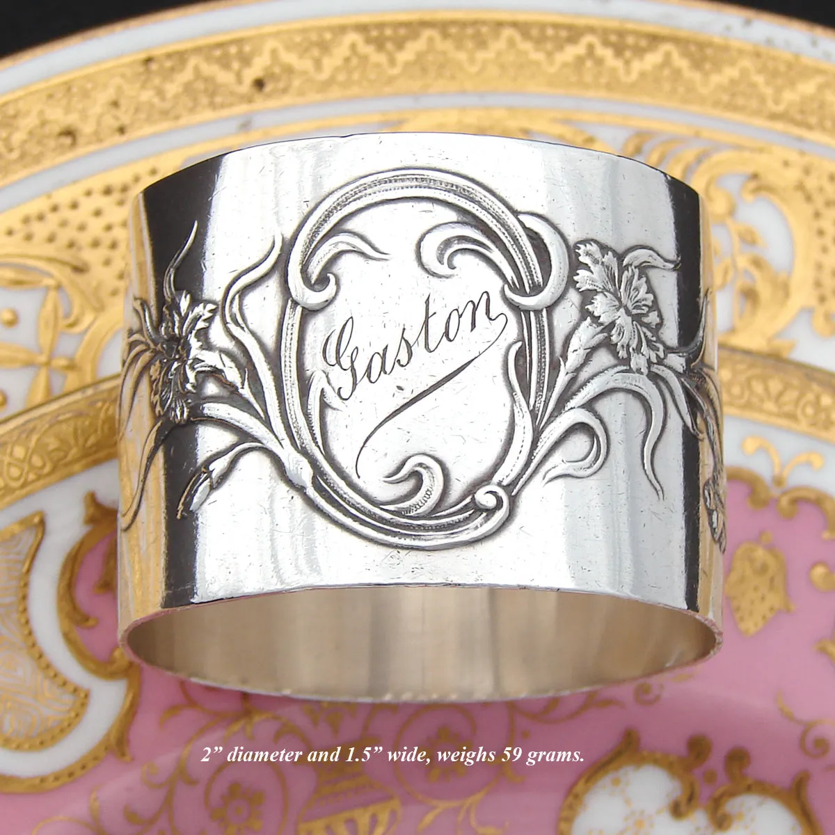 Antique French Art Nouveau Sterling Silver Napkin Ring, Sinuous Floral Decoration, "Gaston"