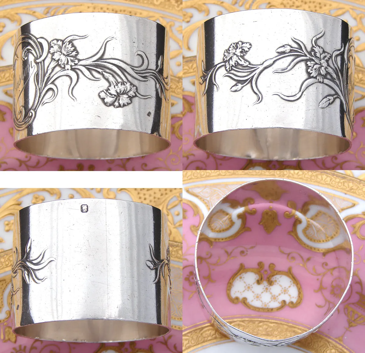 Antique French Art Nouveau Sterling Silver Napkin Ring, Sinuous Floral Decoration, "Gaston"