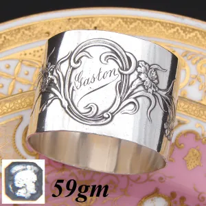 Antique French Art Nouveau Sterling Silver Napkin Ring, Sinuous Floral Decoration, "Gaston"