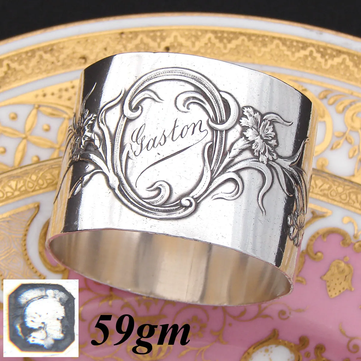 Antique French Art Nouveau Sterling Silver Napkin Ring, Sinuous Floral Decoration, "Gaston"