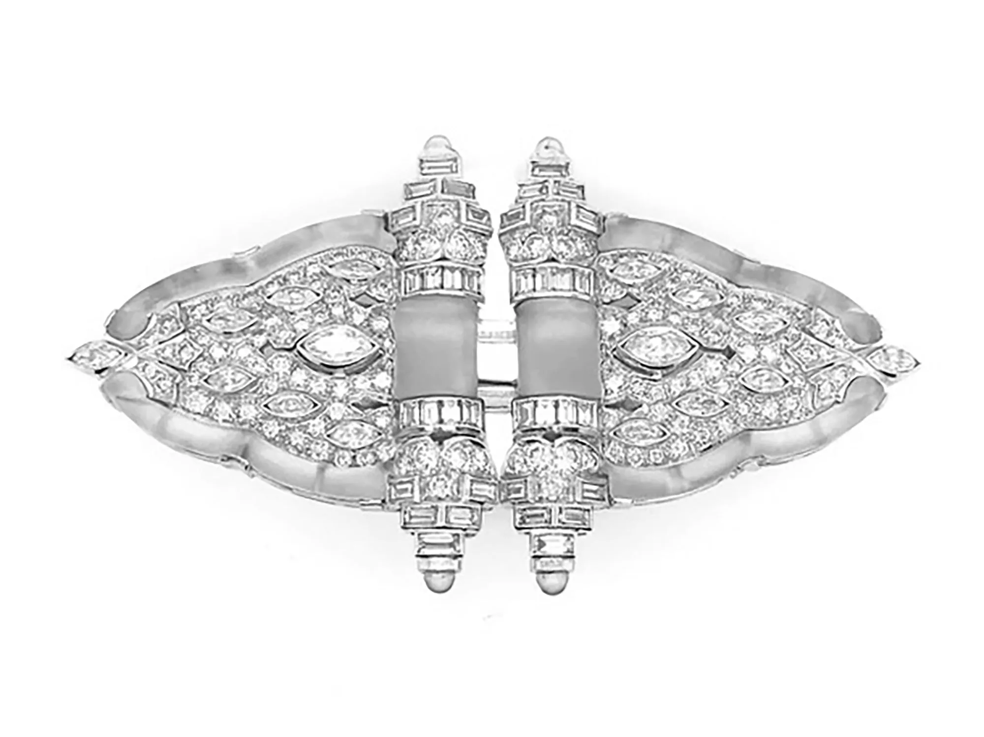 Art Déco platinum diamond and rock crystal double clip brooch, 1930