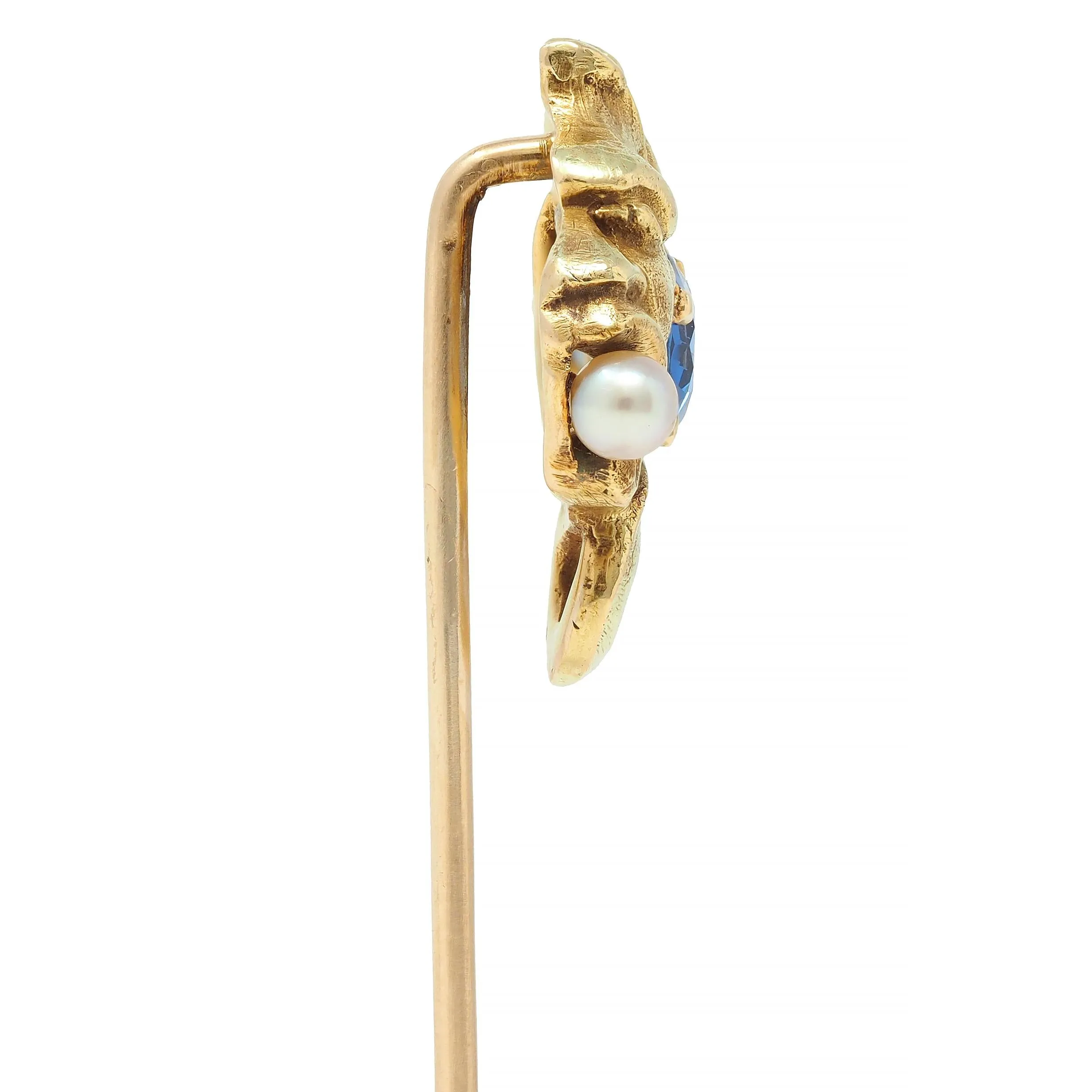 Art Nouveau Sapphire Pearl 14 Karat Yellow Gold Gargoyle Antique Stickpin