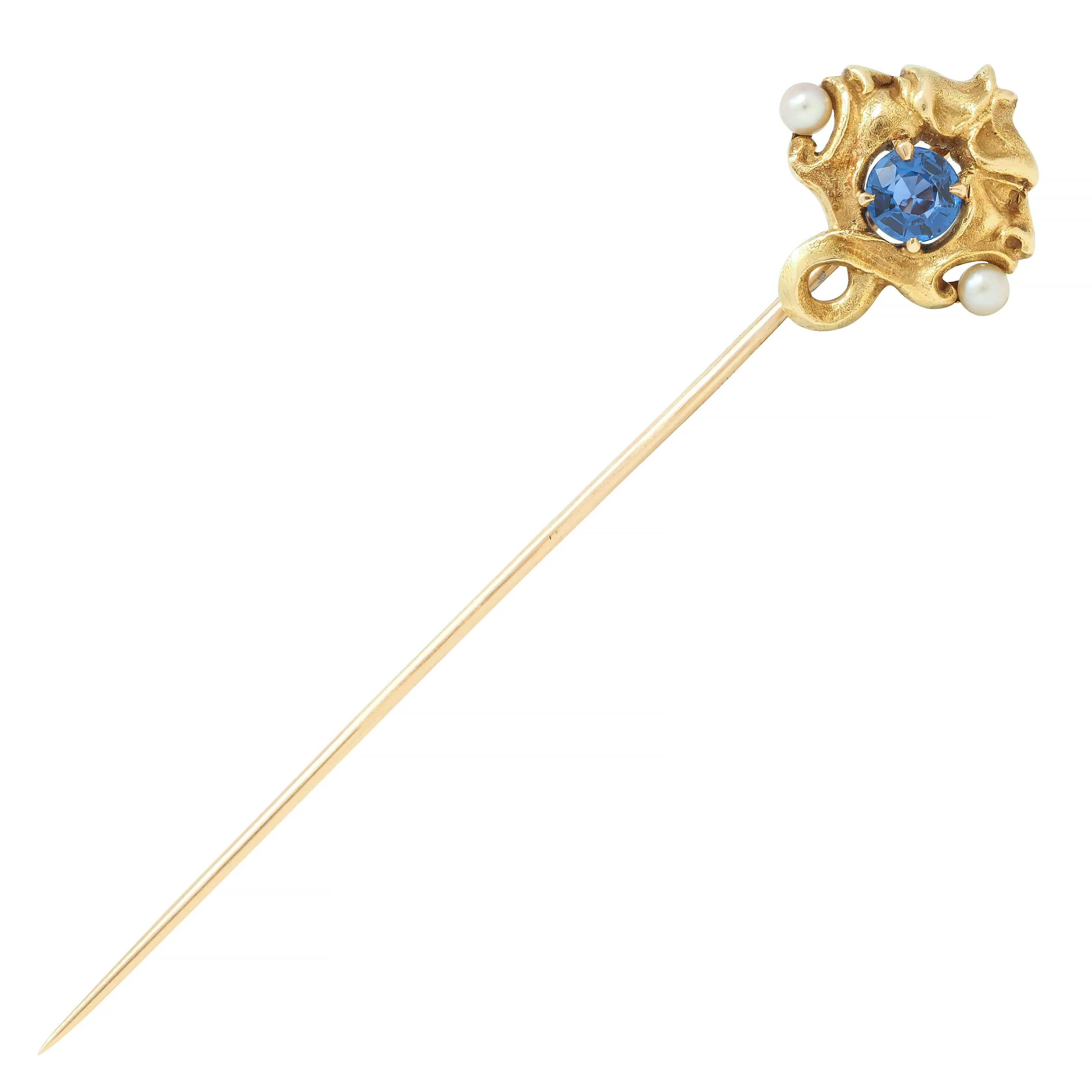 Art Nouveau Sapphire Pearl 14 Karat Yellow Gold Gargoyle Antique Stickpin