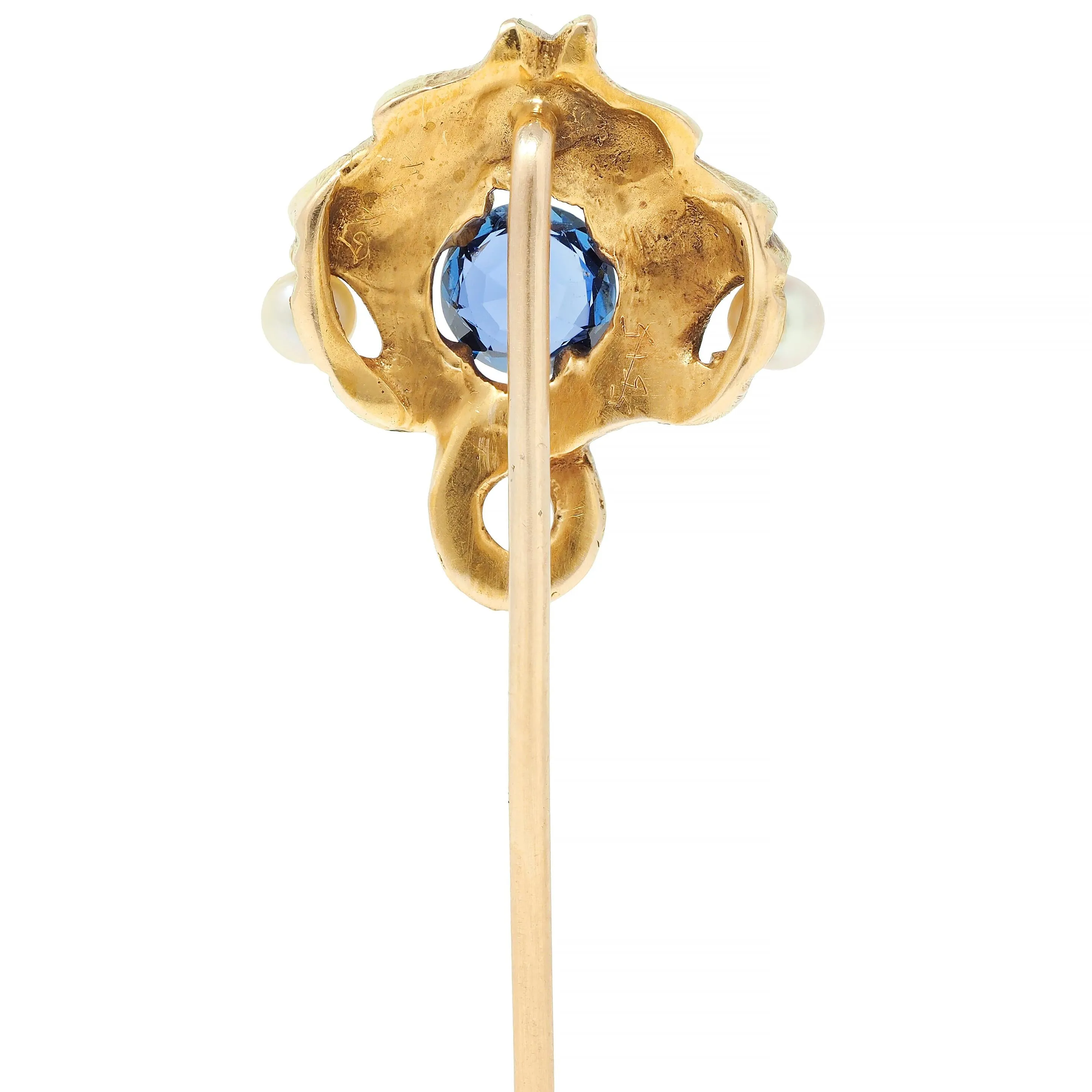 Art Nouveau Sapphire Pearl 14 Karat Yellow Gold Gargoyle Antique Stickpin