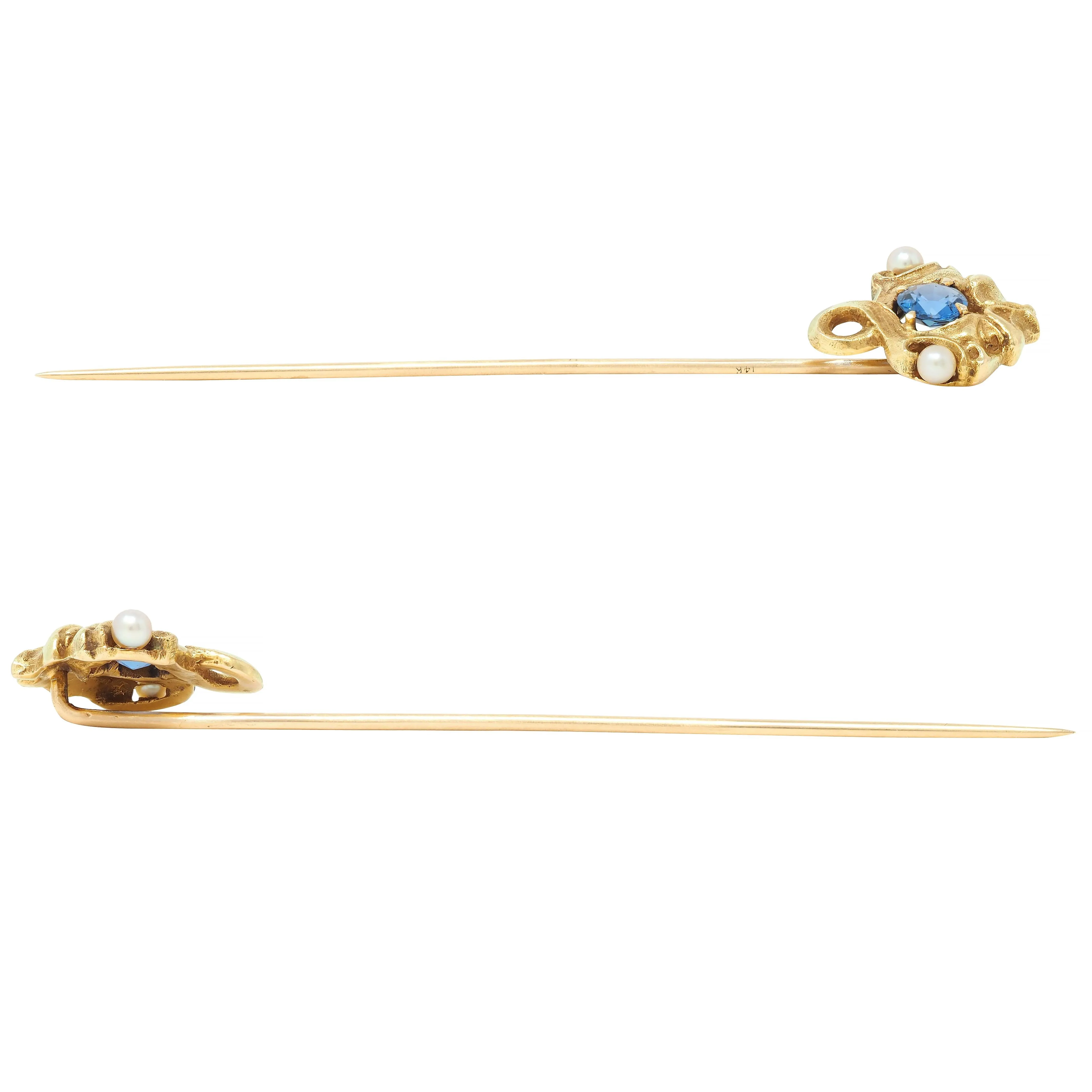 Art Nouveau Sapphire Pearl 14 Karat Yellow Gold Gargoyle Antique Stickpin