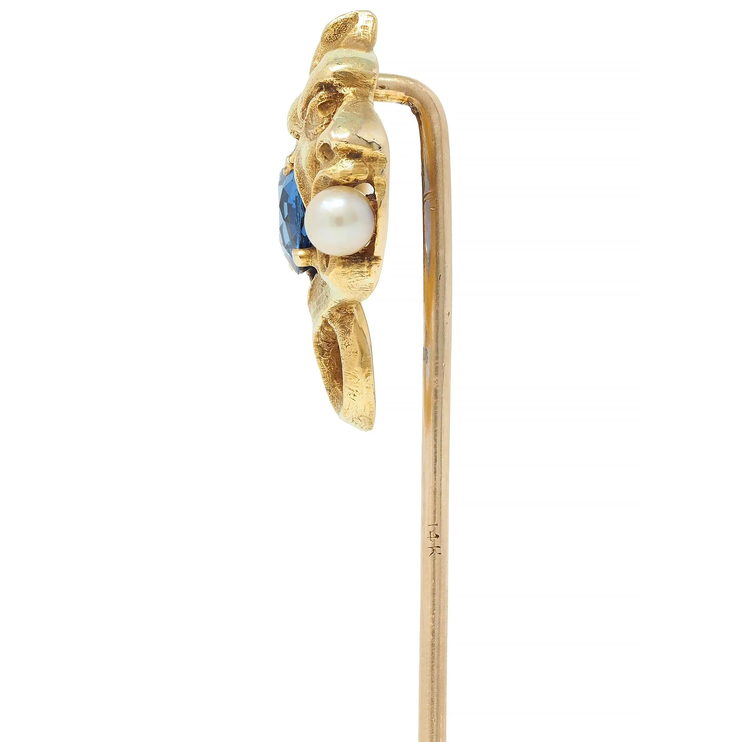 Art Nouveau Sapphire Pearl 14 Karat Yellow Gold Gargoyle Antique Stickpin