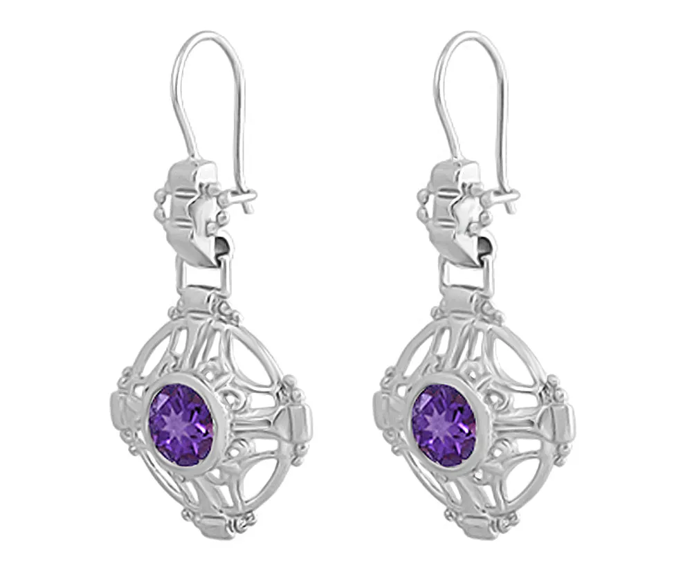 Arts and Crafts Antique Style Amethyst Filigree Drop Earrings in Sterling Silver