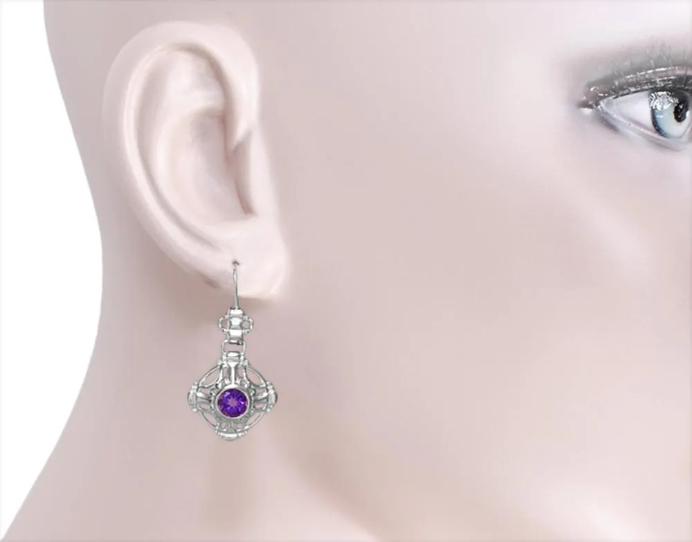 Arts and Crafts Antique Style Amethyst Filigree Drop Earrings in Sterling Silver