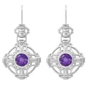 Arts and Crafts Antique Style Amethyst Filigree Drop Earrings in Sterling Silver