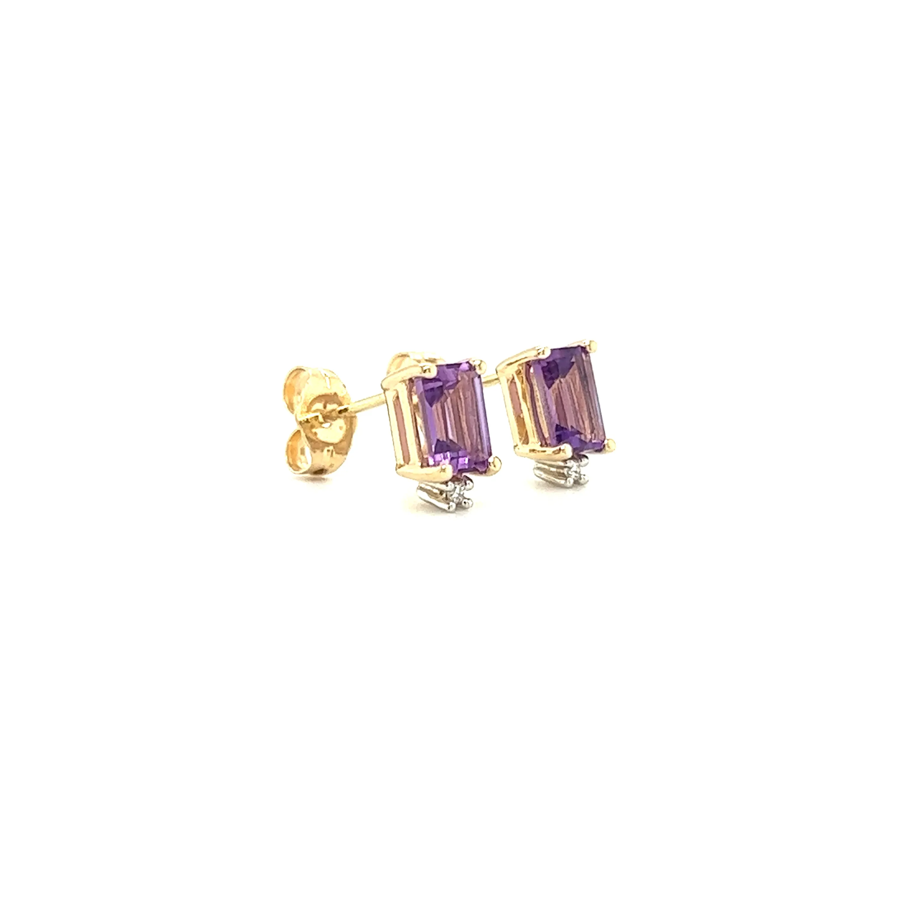 Baguette Amethyst Stud Earrings with Accent Diamonds in 14K Yellow Gold