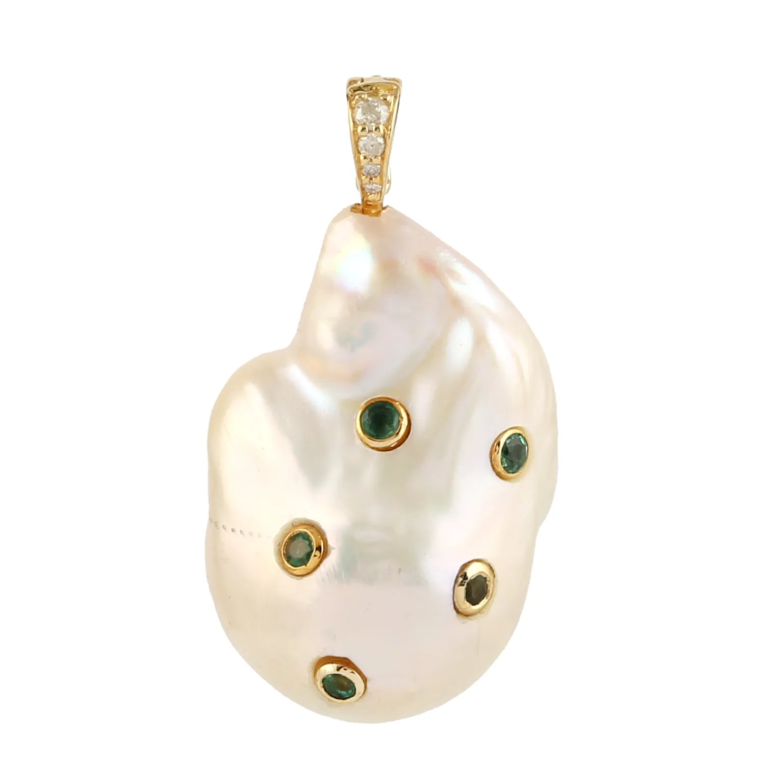 Baroque Pearl Chinese Emerald Diamond Designer Pendant In 14k Yellow