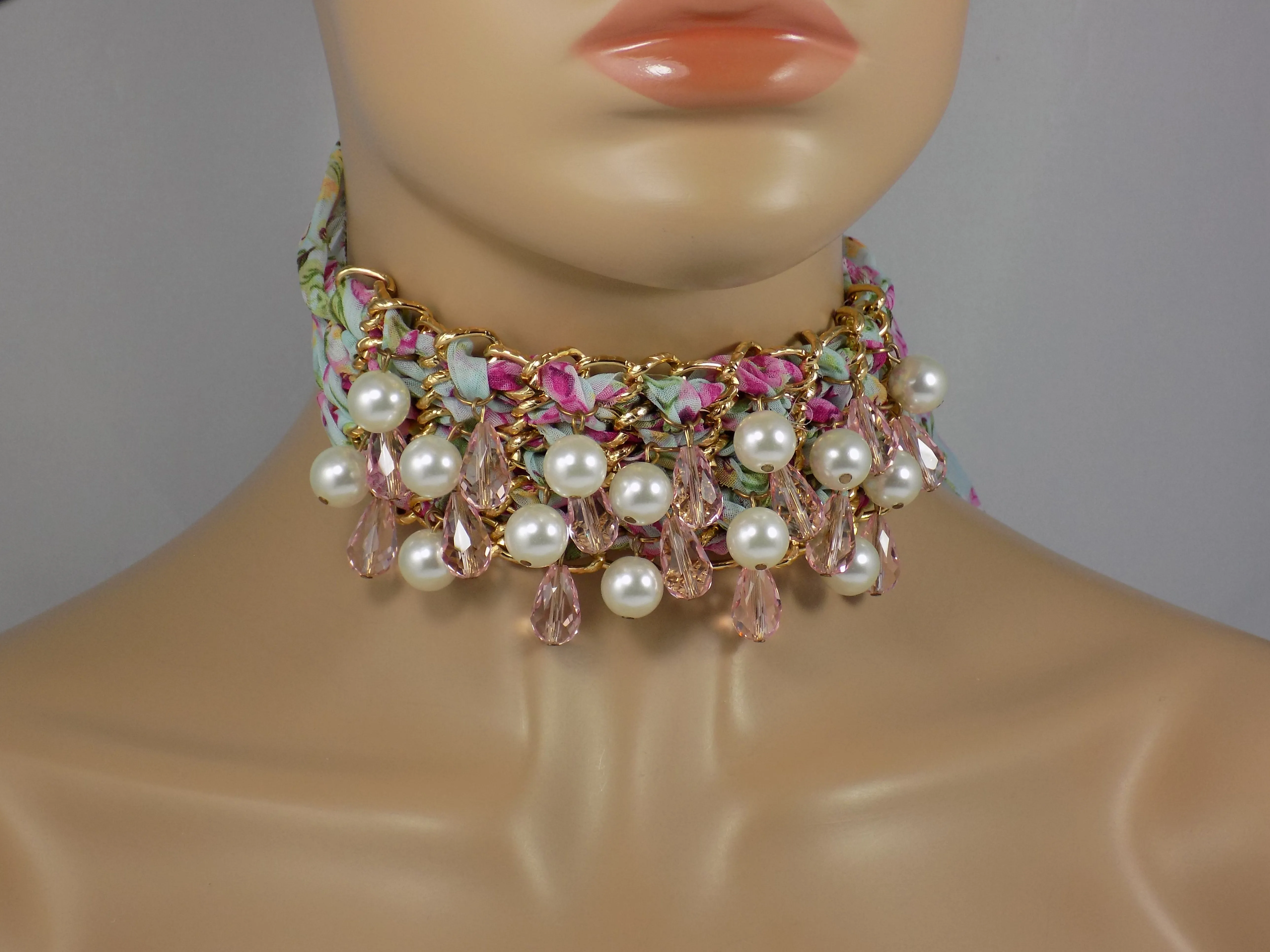 Beaded Fabric Choker Pink Floral Pattern Lace Choker Necklace