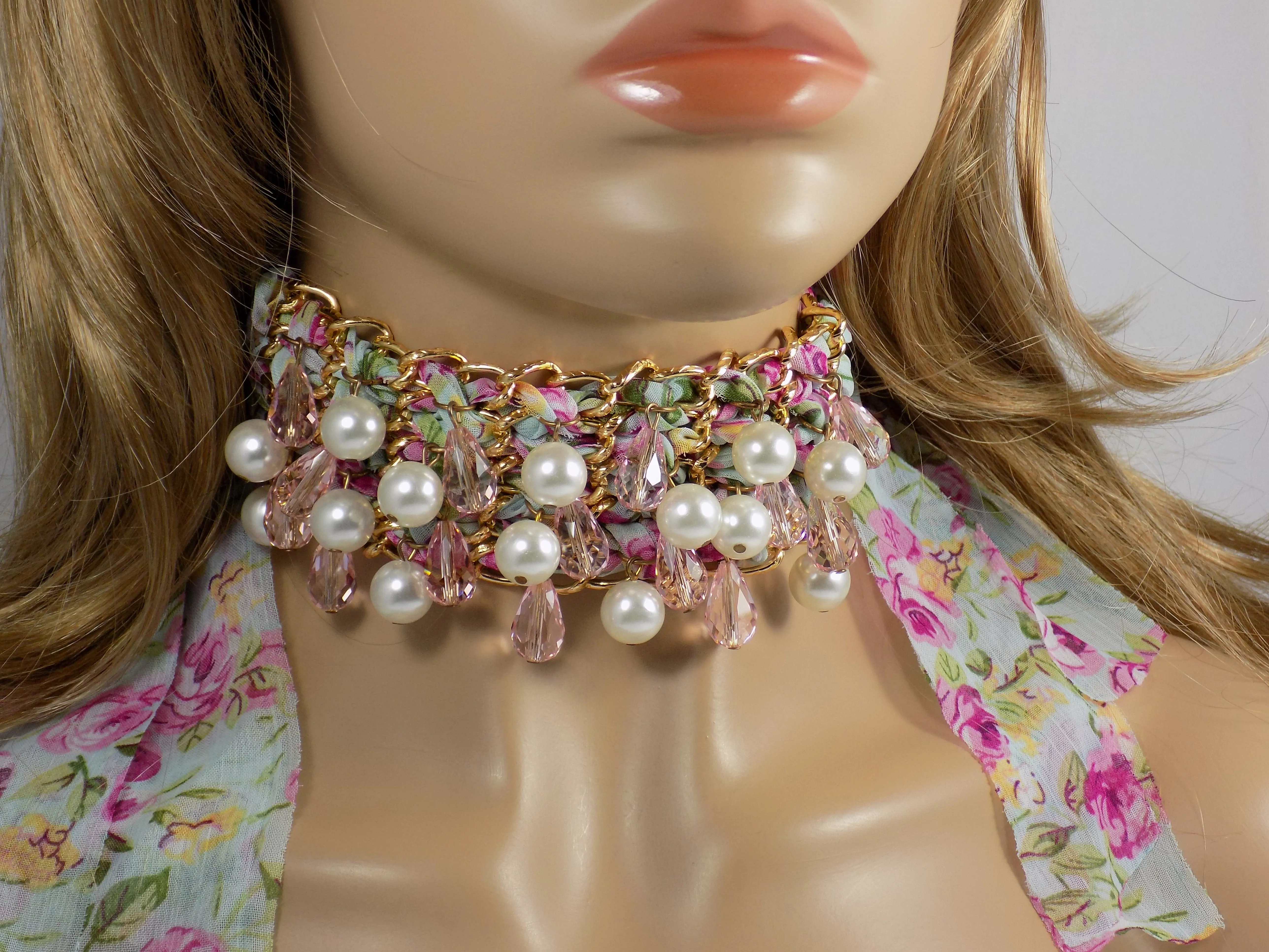 Beaded Fabric Choker Pink Floral Pattern Lace Choker Necklace