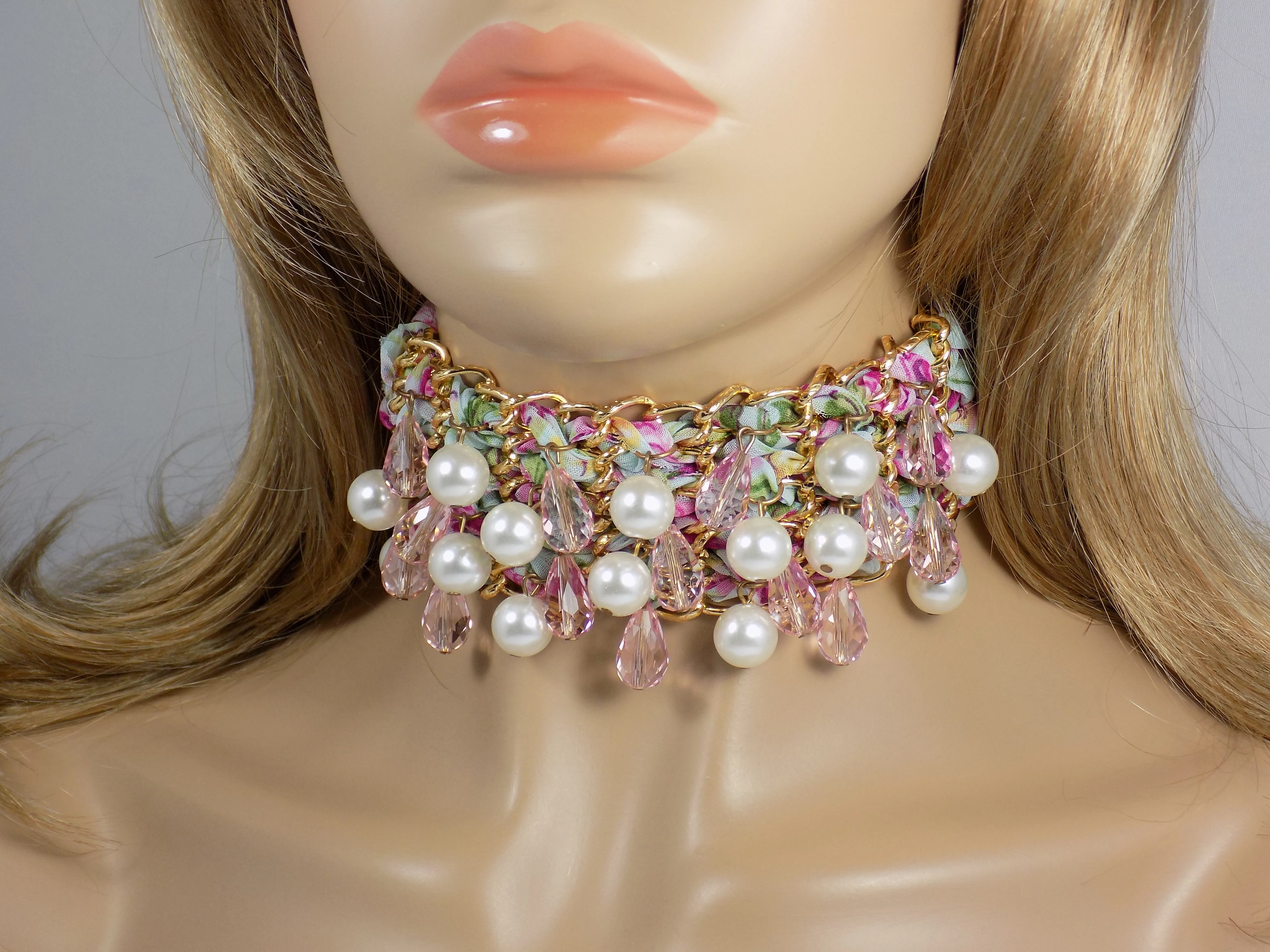 Beaded Fabric Choker Pink Floral Pattern Lace Choker Necklace