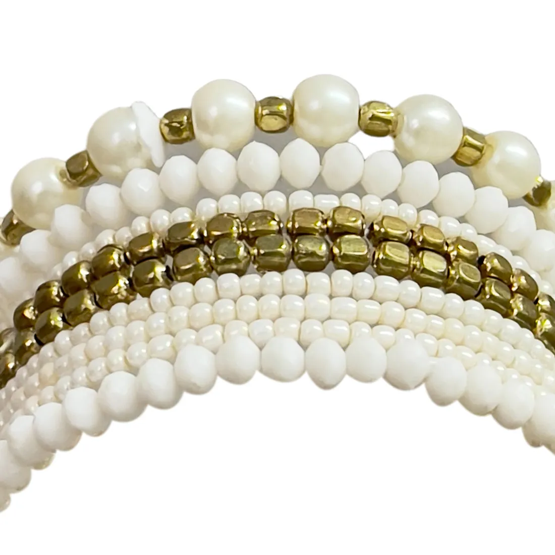 Beaded Gold & White Multilayered Elastic Boho Bracelet