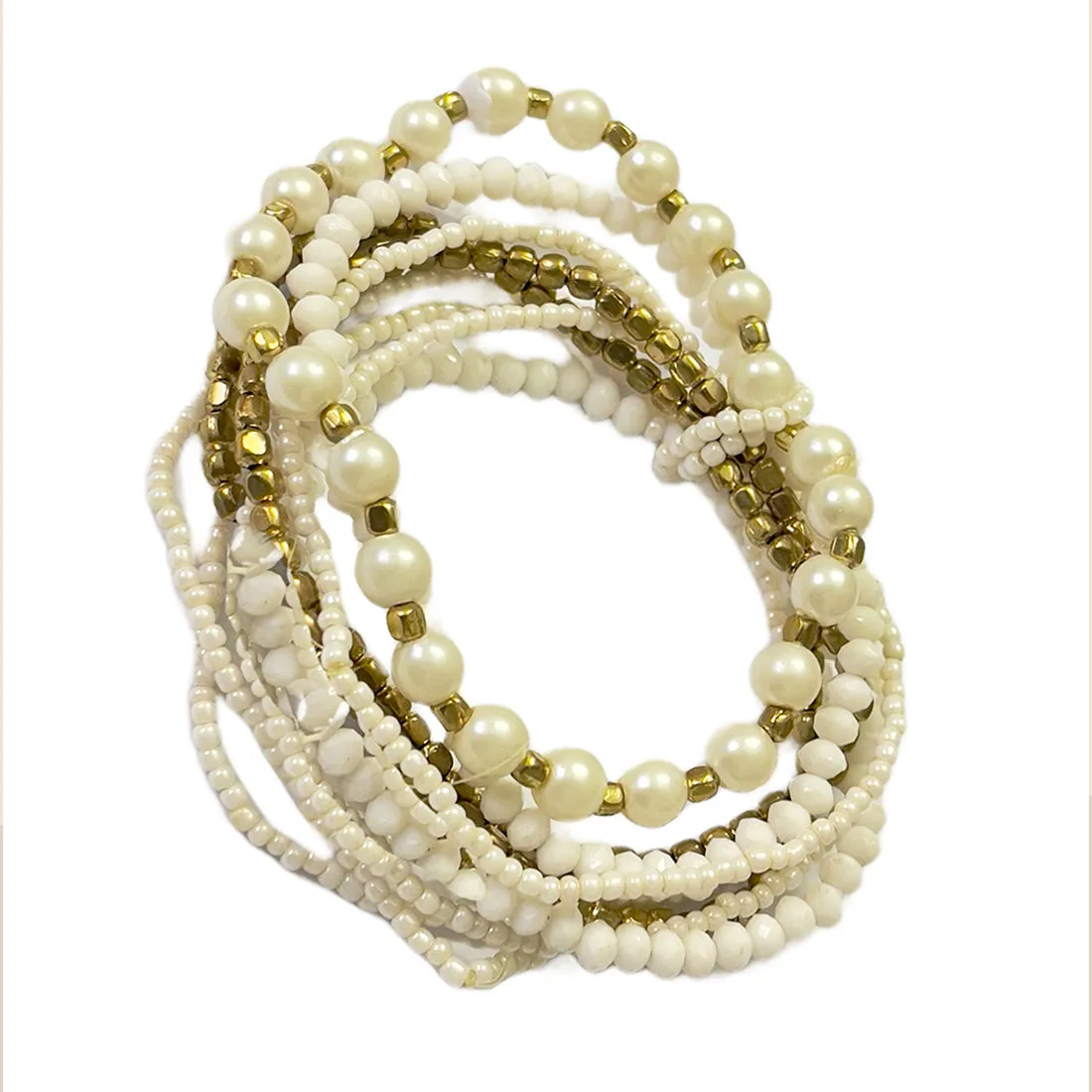 Beaded Gold & White Multilayered Elastic Boho Bracelet