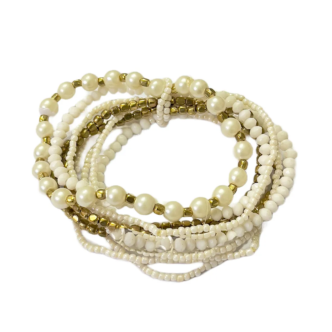 Beaded Gold & White Multilayered Elastic Boho Bracelet