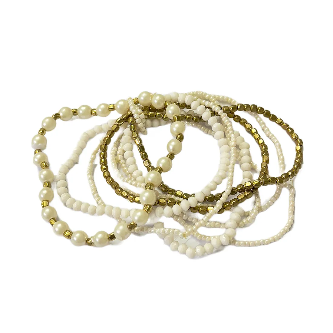 Beaded Gold & White Multilayered Elastic Boho Bracelet