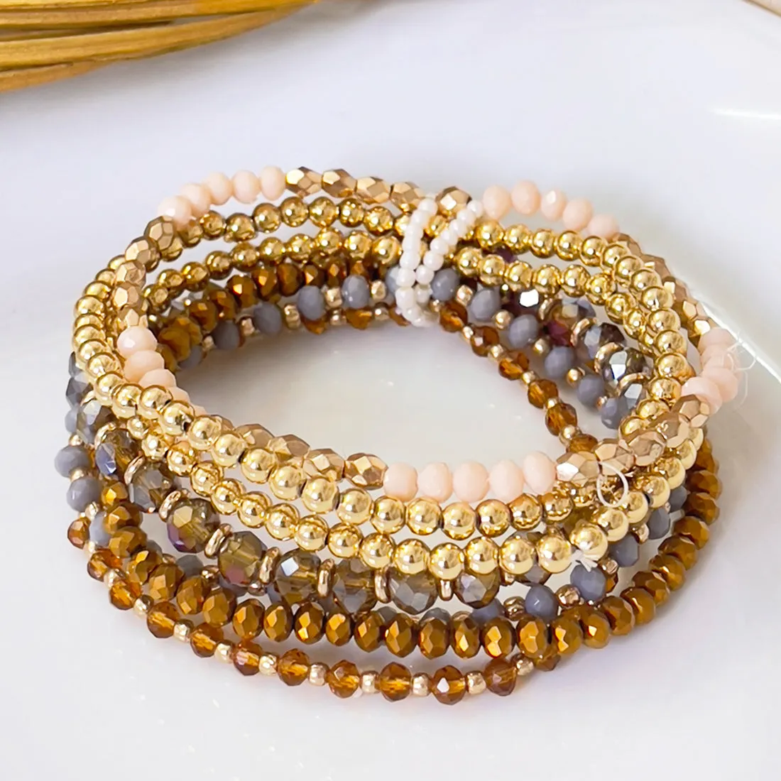 Beaded Gold, Mustard, Grey & Beige Multilayered Elastic Boho Bracelet