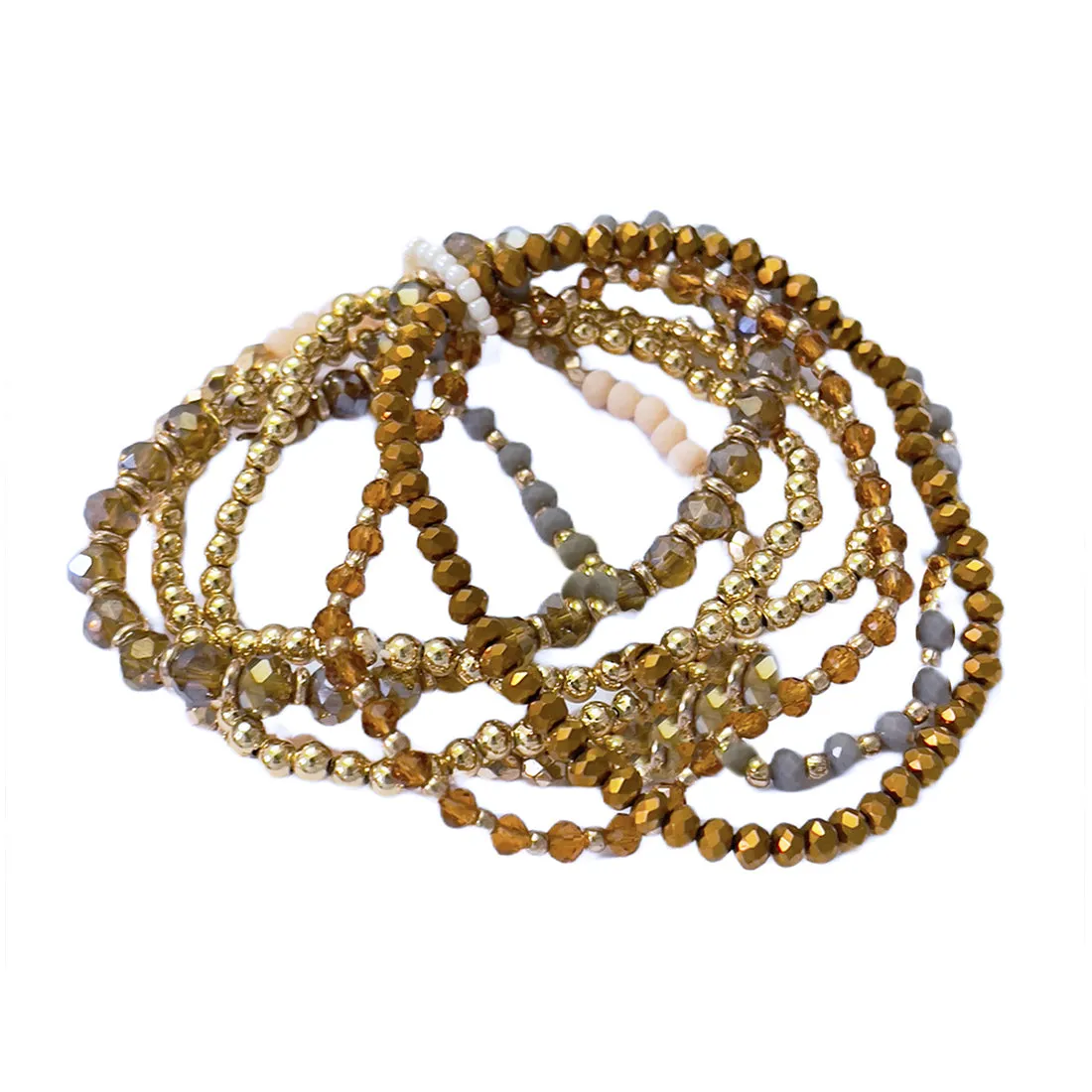 Beaded Gold, Mustard, Grey & Beige Multilayered Elastic Boho Bracelet