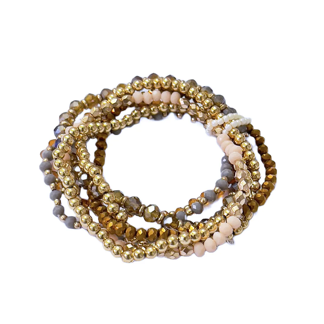 Beaded Gold, Mustard, Grey & Beige Multilayered Elastic Boho Bracelet