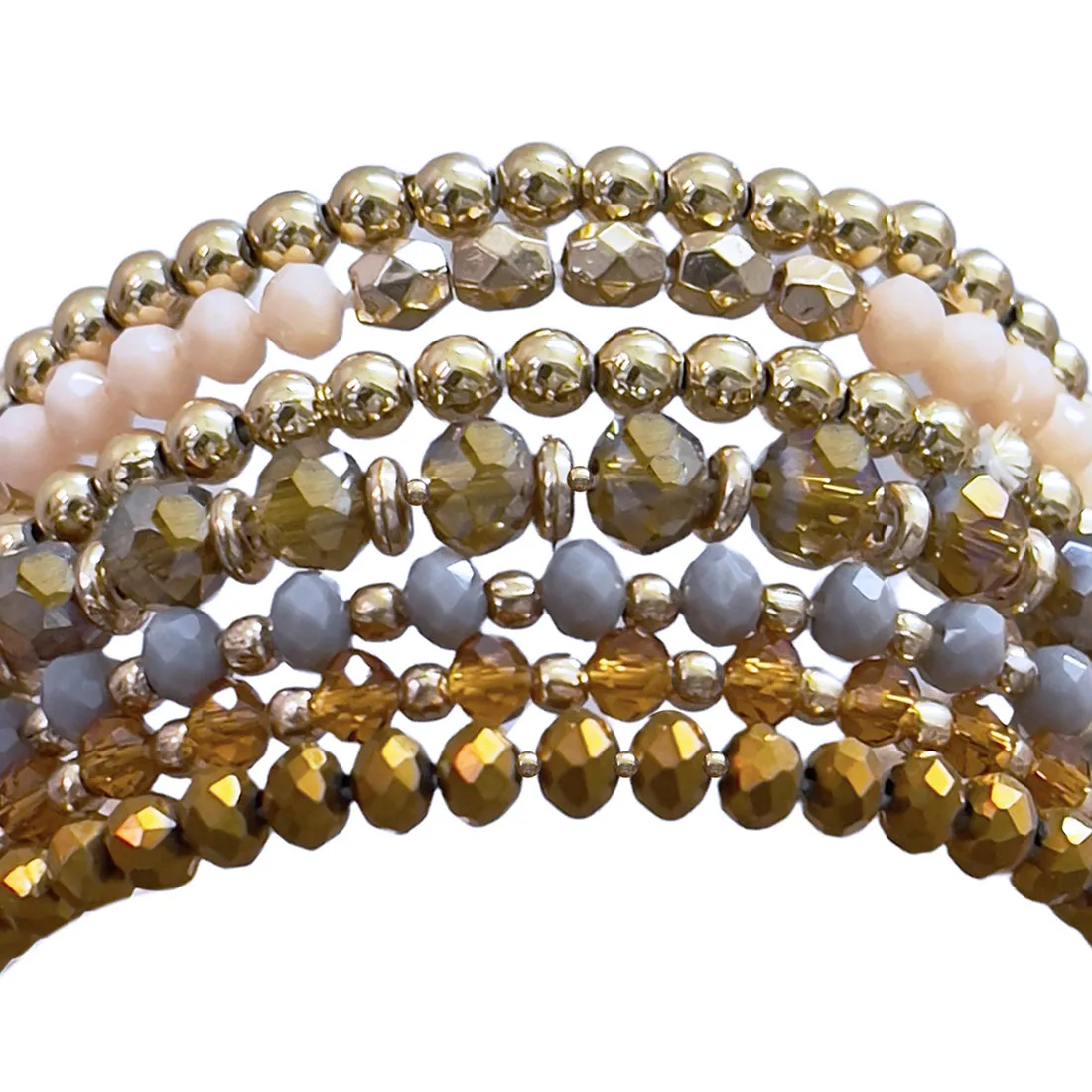 Beaded Gold, Mustard, Grey & Beige Multilayered Elastic Boho Bracelet