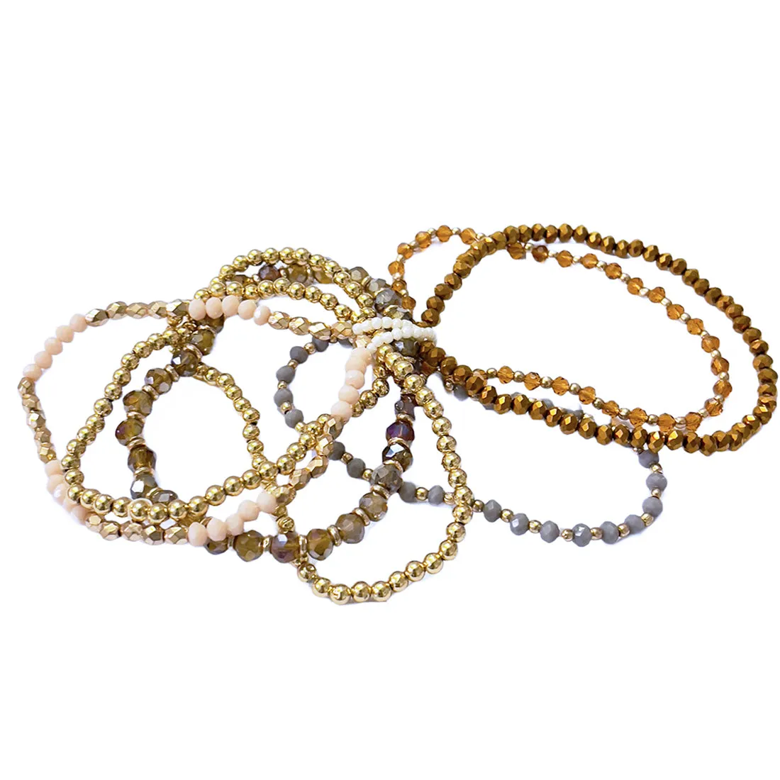 Beaded Gold, Mustard, Grey & Beige Multilayered Elastic Boho Bracelet