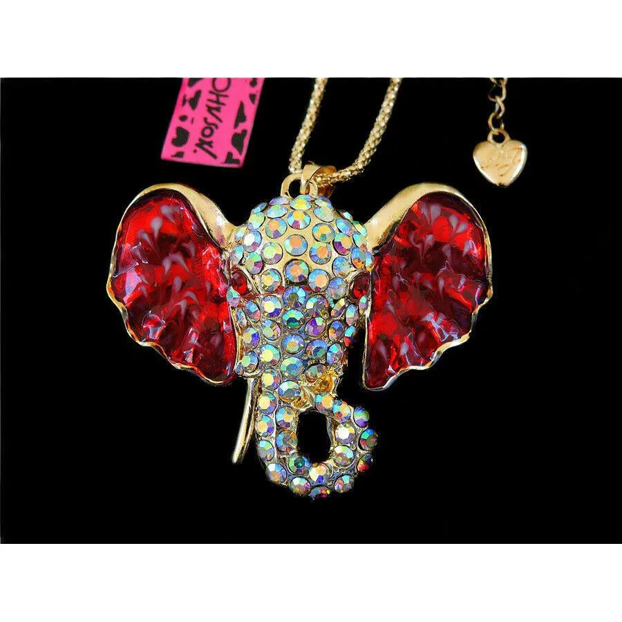 Betsey Johnson Elephant Red Ears White Rhinestone Necklace