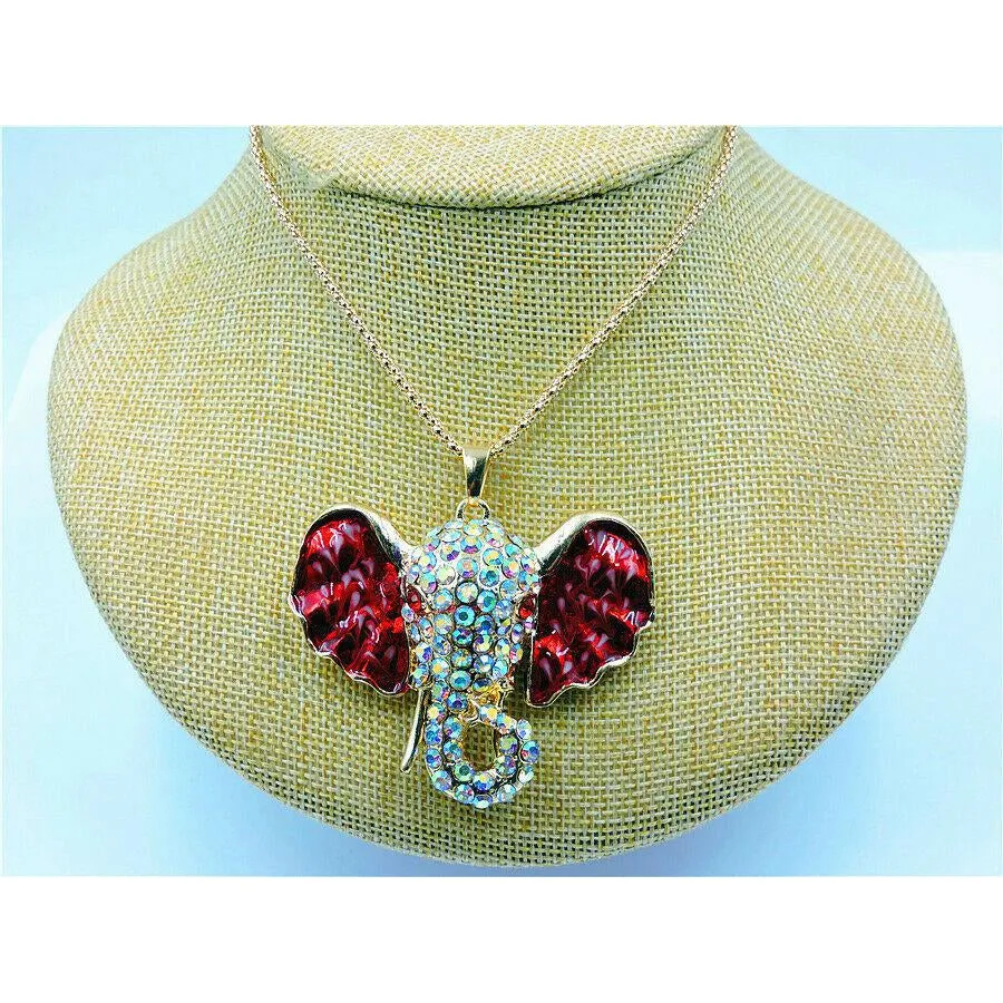 Betsey Johnson Elephant Red Ears White Rhinestone Necklace