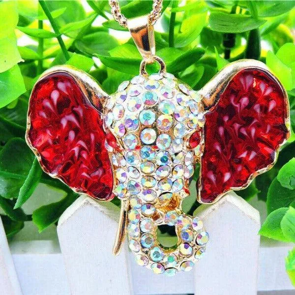 Betsey Johnson Elephant Red Ears White Rhinestone Necklace