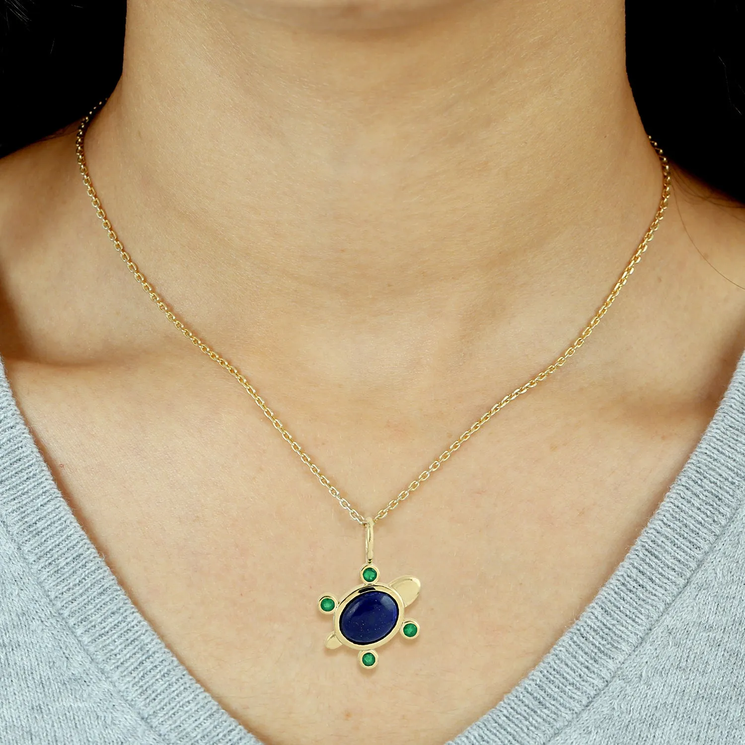 Bezel Set Oval Lapis Emerald Gemstone 14K Yellow Gold turtle Pendant Jewelry