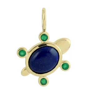 Bezel Set Oval Lapis Emerald Gemstone 14K Yellow Gold turtle Pendant Jewelry