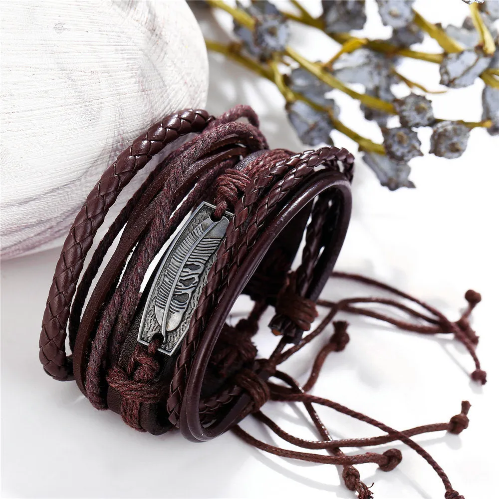 Black Men's Leather Bracelet Creative Simple Feathers