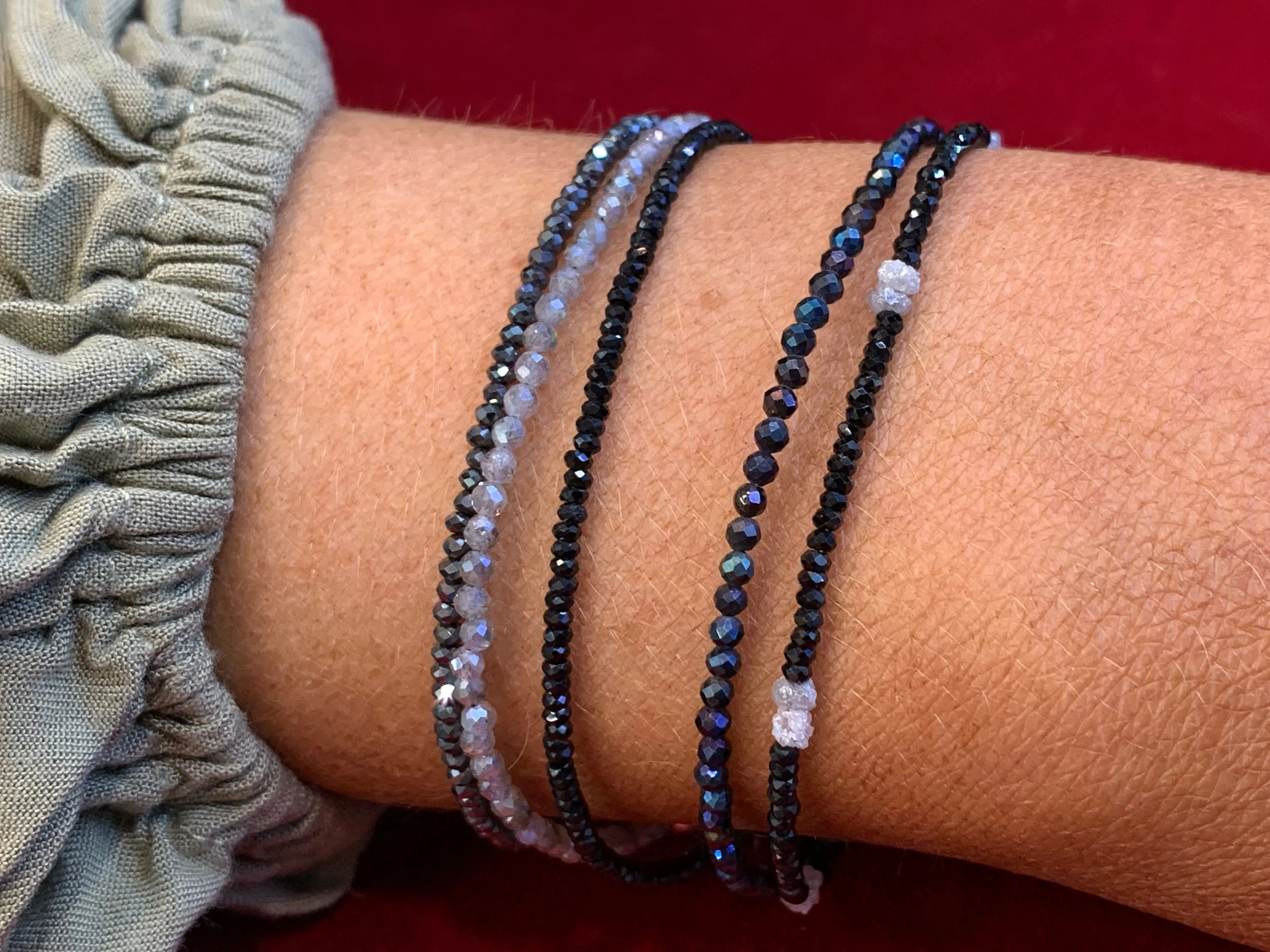 Black Spinel & Herkimer Diamond Micro Cut Bead Bracelet