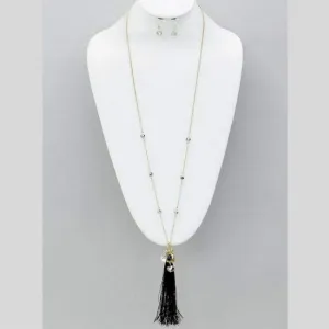 Black Tassel and Crystal Gold Chain Long Necklace