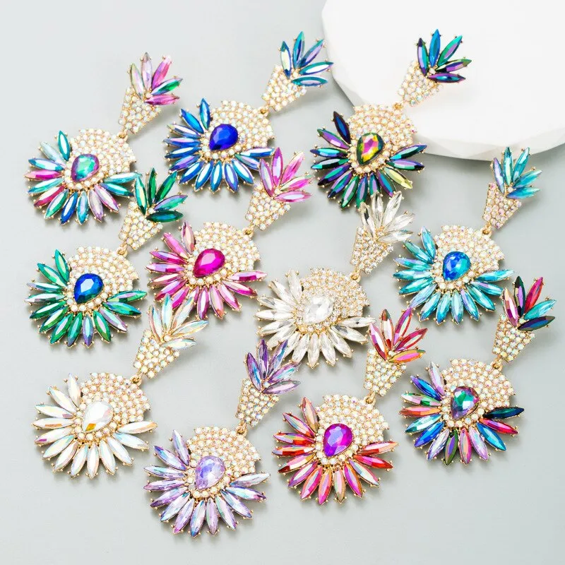 Bohemian Hanging Retro Long Drop Earrings AB Colorful Rhinestone Fashion Jewelry