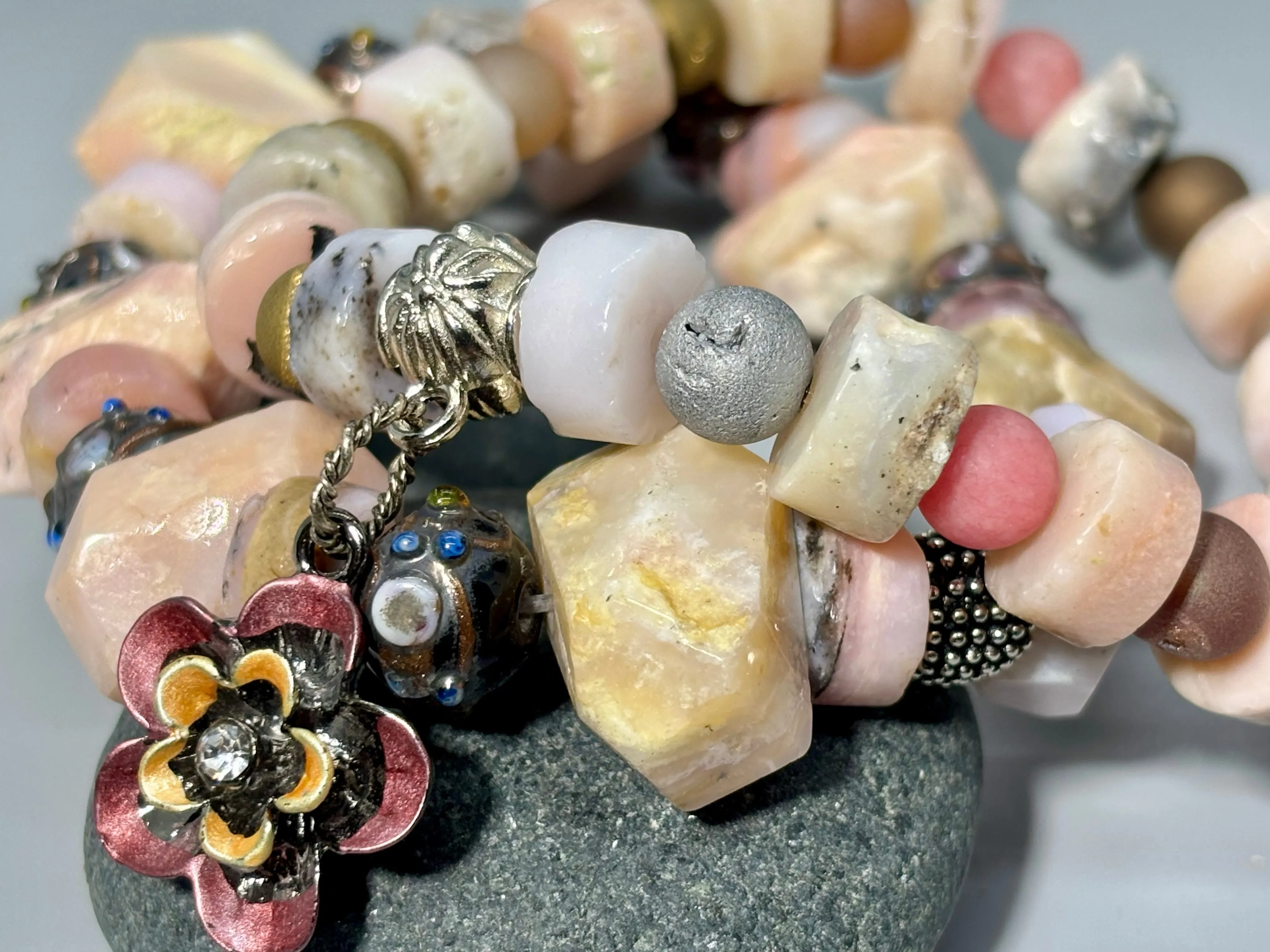 Boho Pink Floral Gemstone Stretch Bracelet Set