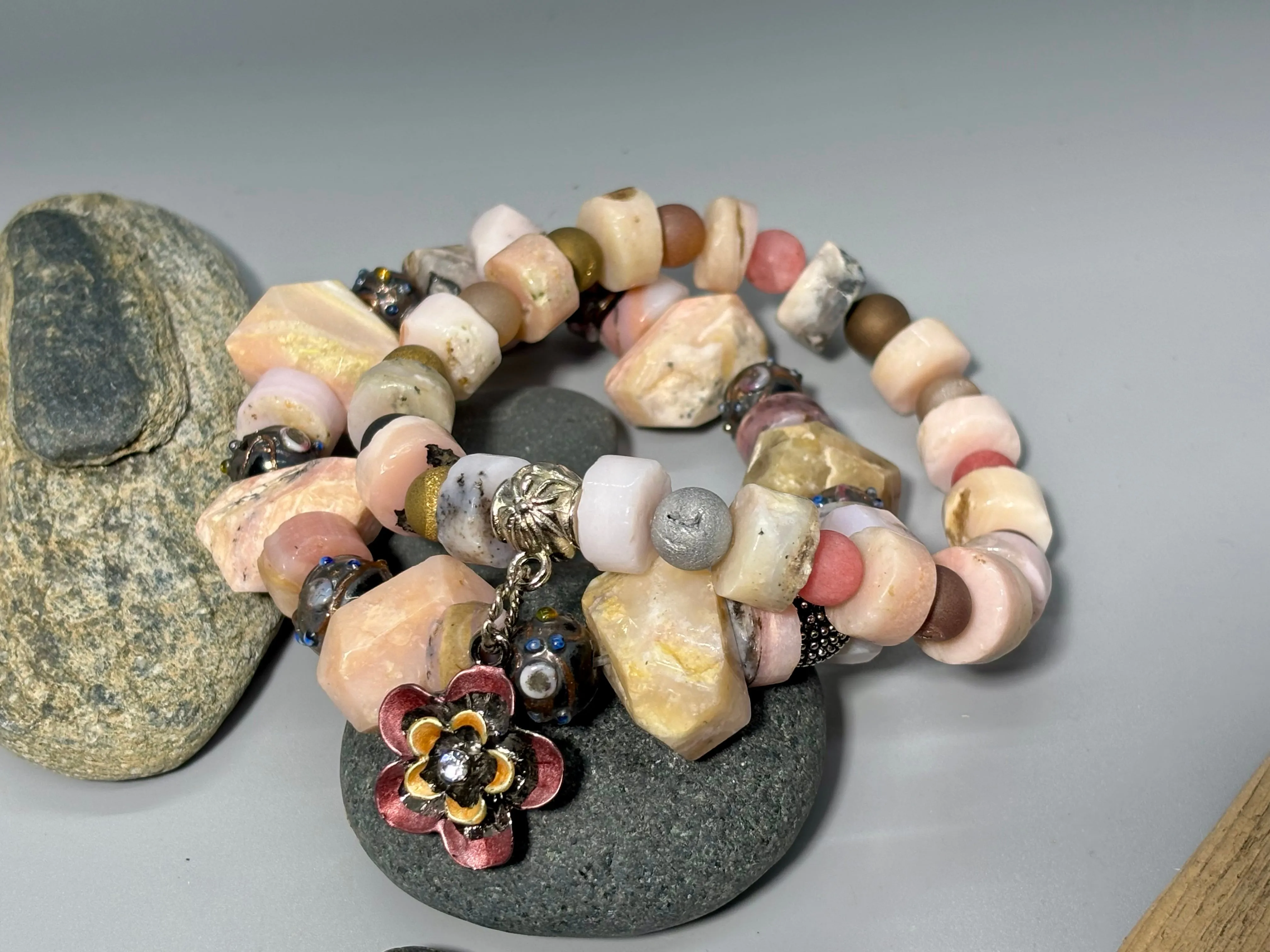 Boho Pink Floral Gemstone Stretch Bracelet Set