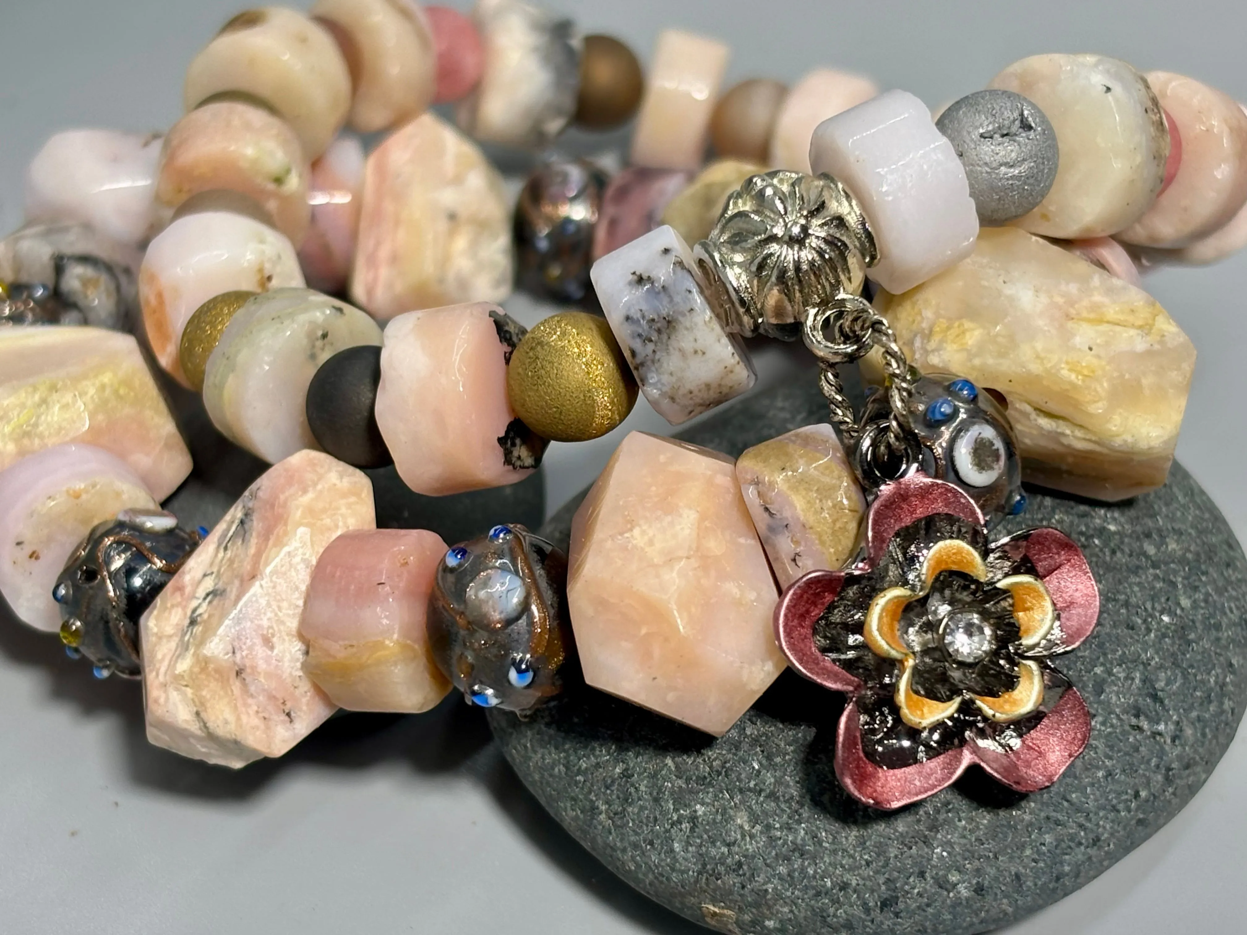 Boho Pink Floral Gemstone Stretch Bracelet Set