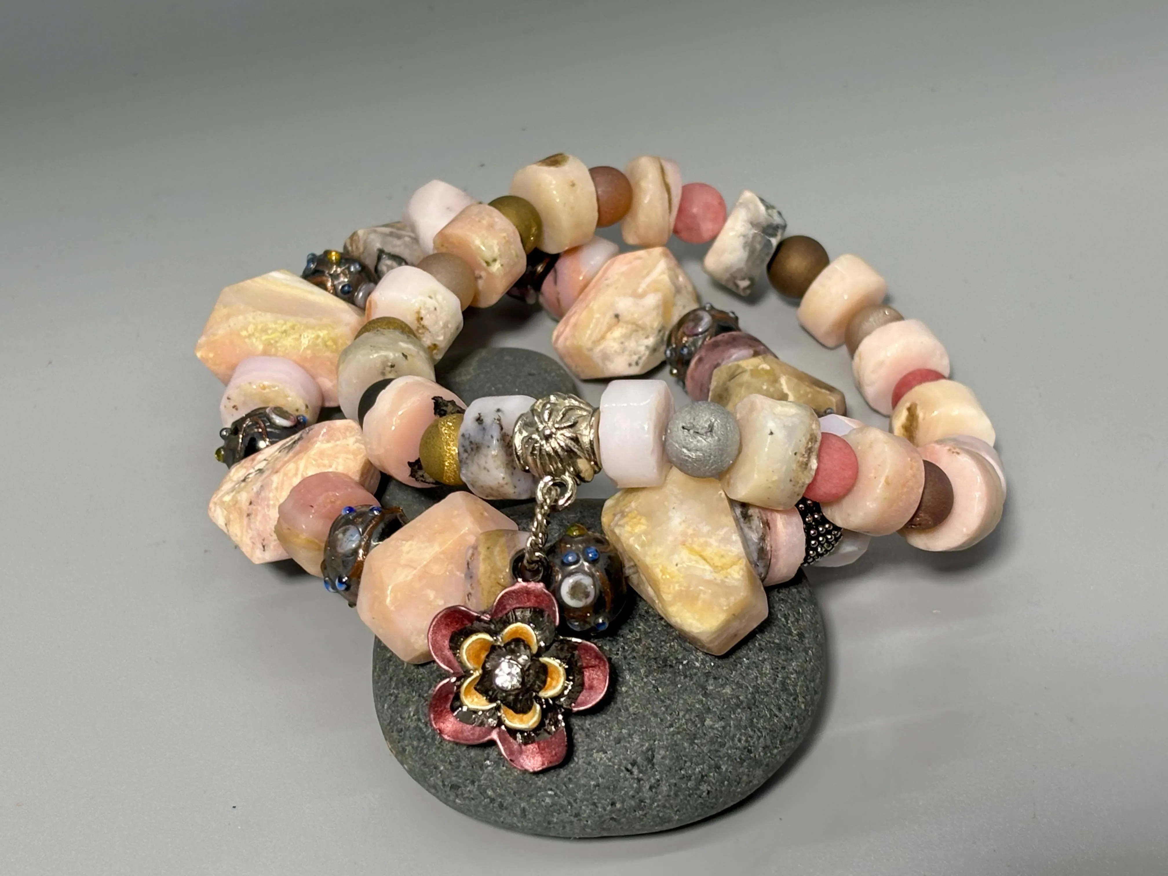 Boho Pink Floral Gemstone Stretch Bracelet Set