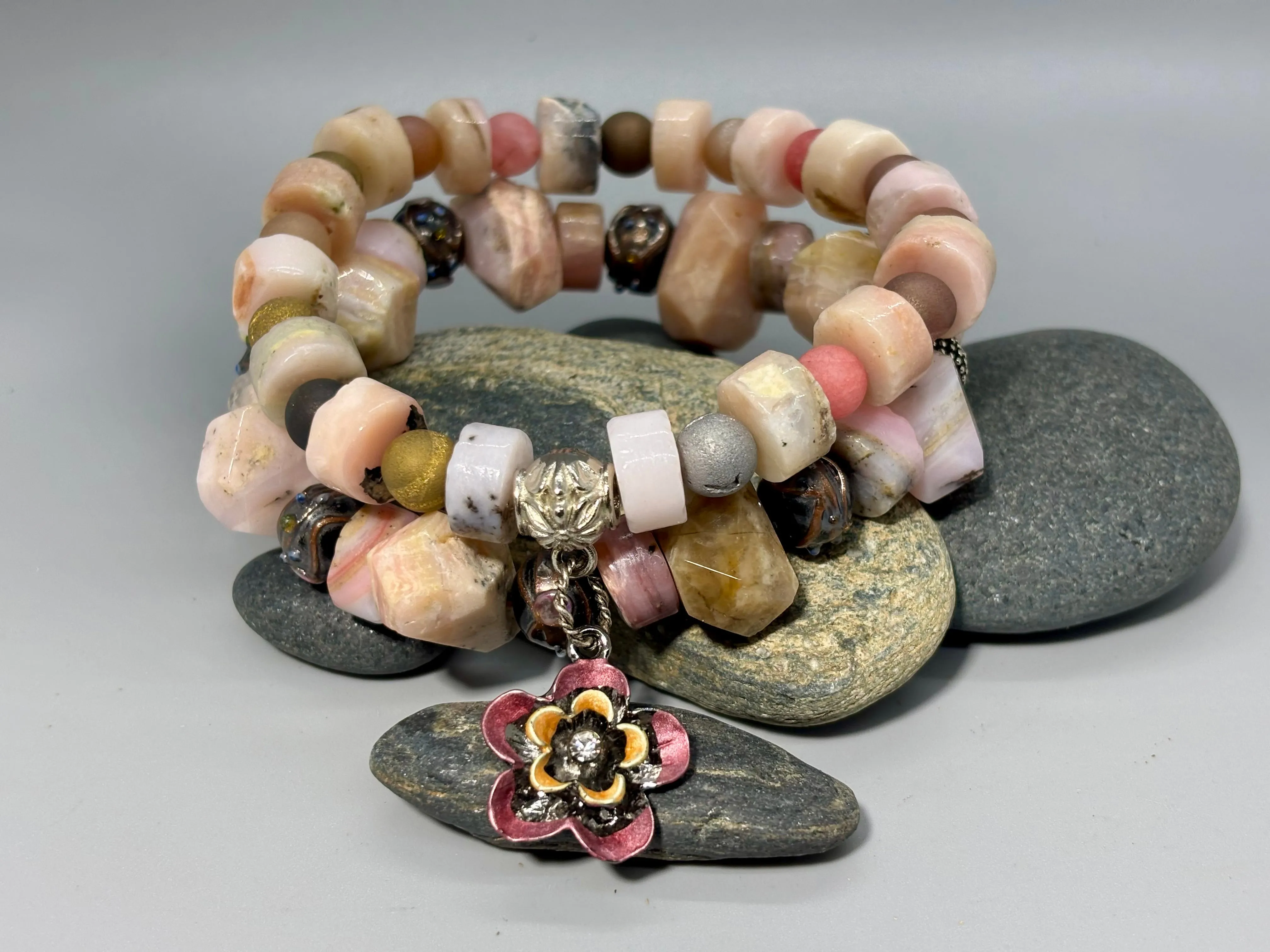 Boho Pink Floral Gemstone Stretch Bracelet Set