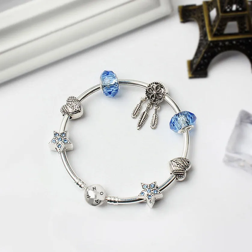 Boho Style Silver Plated Rhinestone Charm Bangle Bracelet - Silver