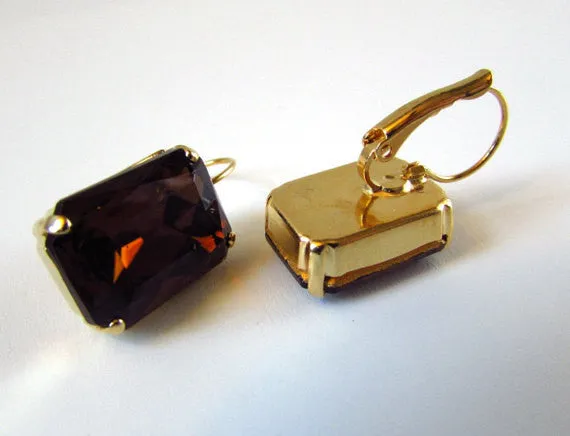 Brown Topaz Crystal Earrings - Large Octagon