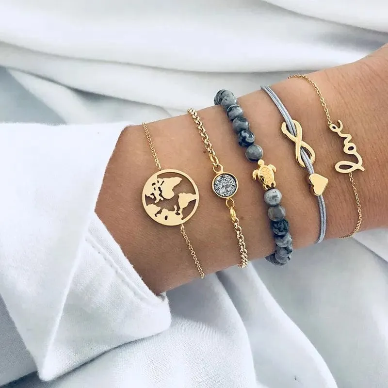 Chic Geometric Bracelet and Bangle Sets for Women with Vintage Star Map, Hand Heart Charm, Beads, Chains – Trendy Fashion Jewelry Accessories