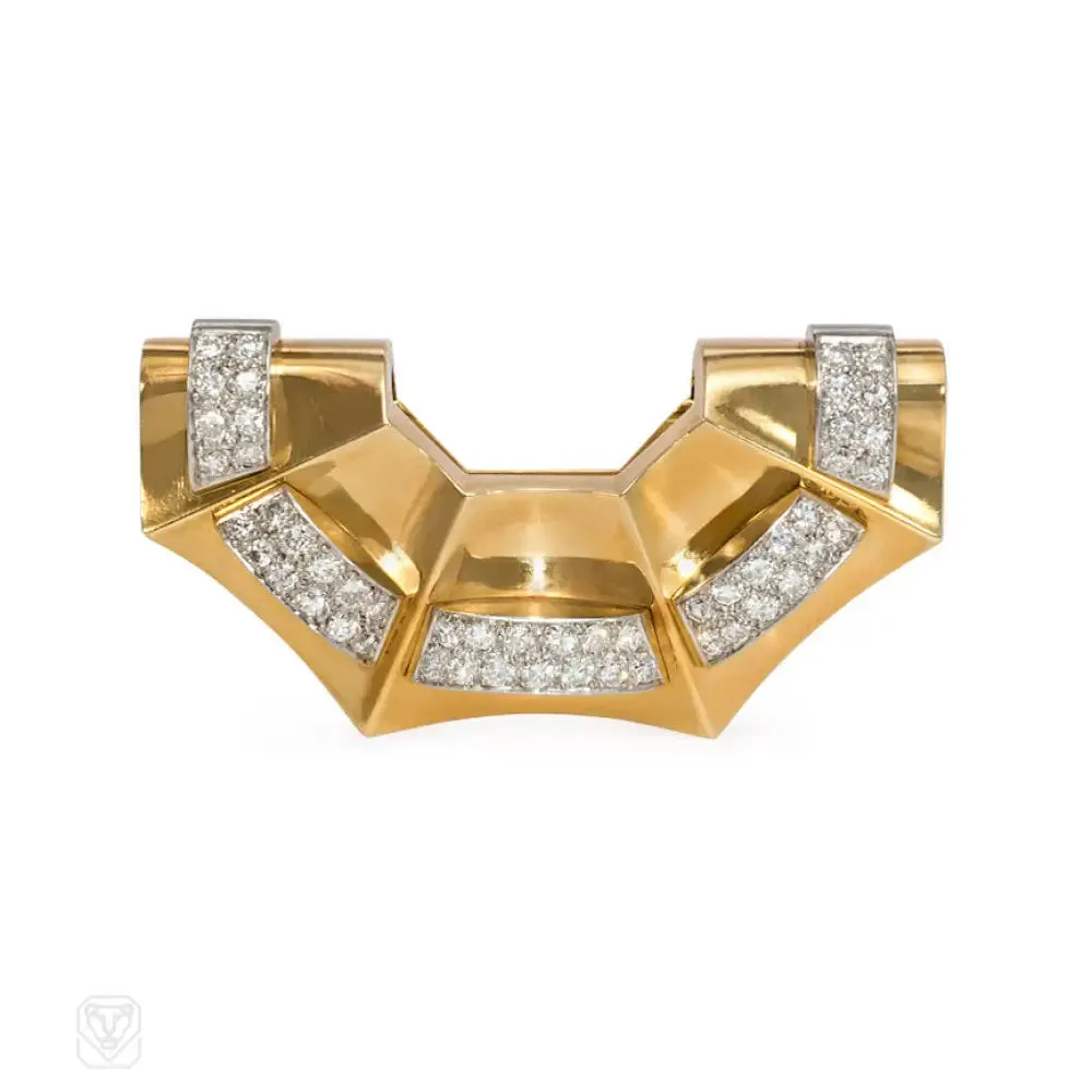 Convertible Retro French gold and diamond fan brooch