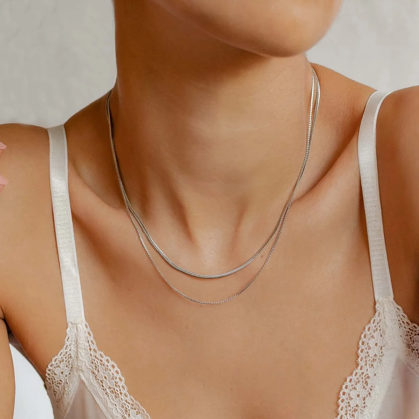 Delicate Layered Necklace Snake Chain Silver