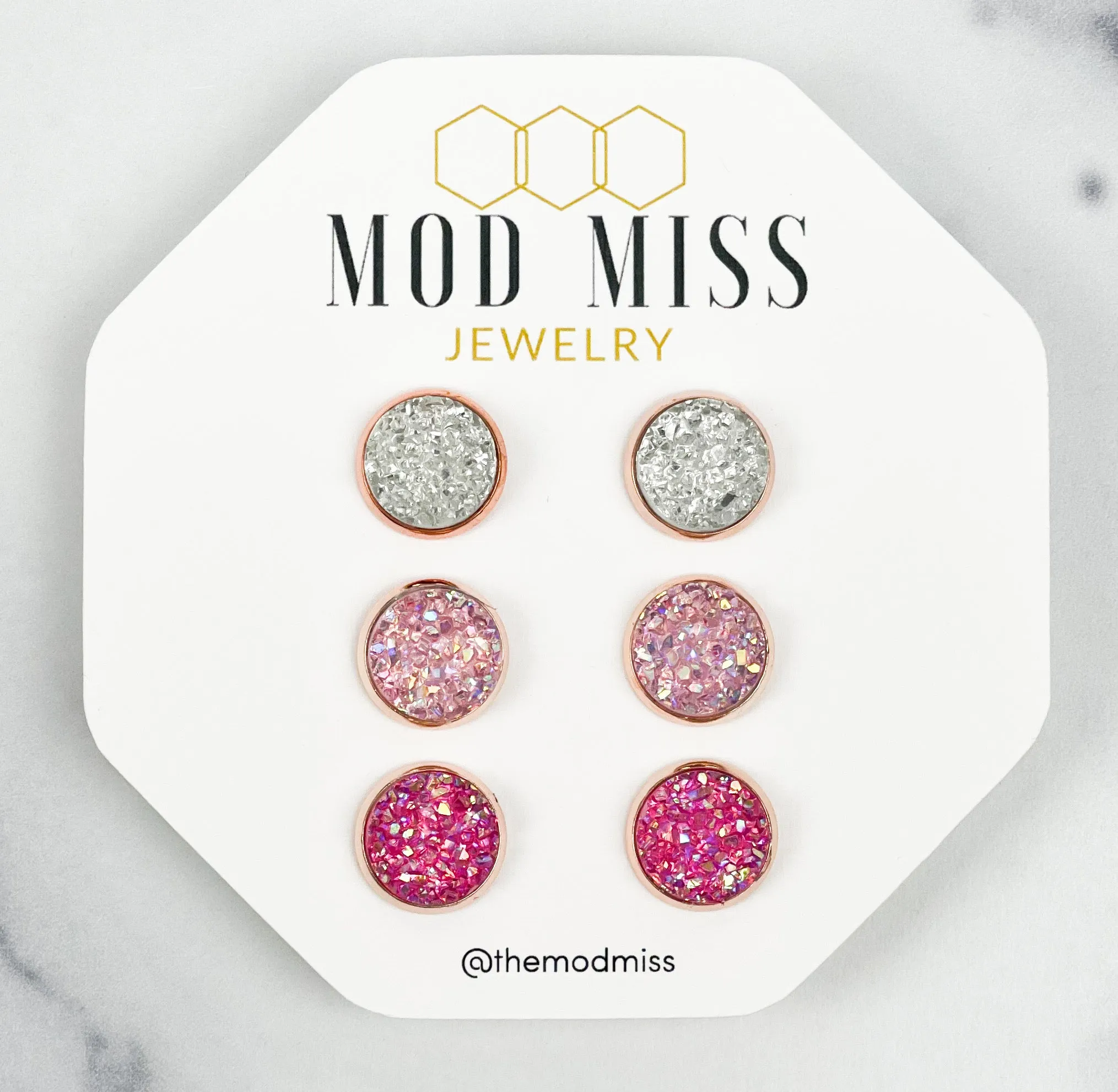 Druzy Stud Earring Set of 3 "Clear, Crystal Light Pink, & Crystal Pink in Rose Gold Setting"