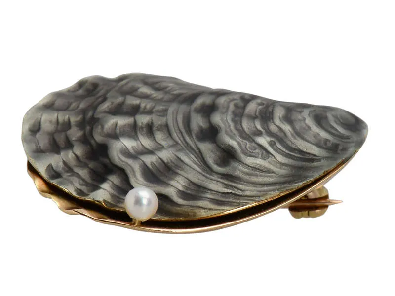 Edwardian Enamel & Gold Oyster Shell Brooch