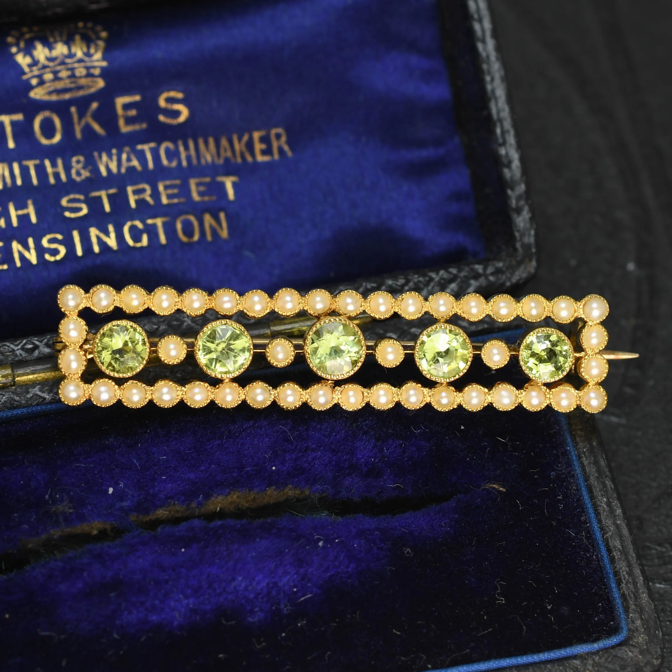 Edwardian Peridot & Pearl Halo Bar Brooch