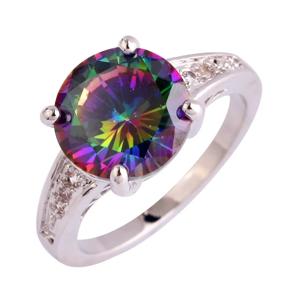 Engagement Bridal Round Cut Rainbow & White Sapphire Silver Ring Women Jewelry